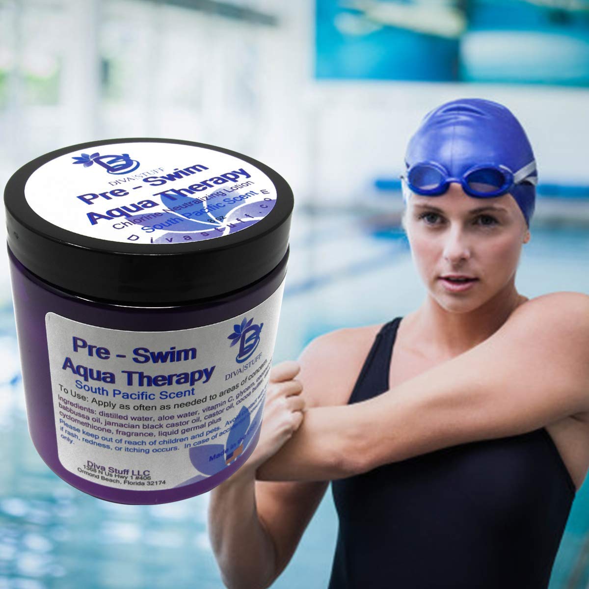 Diva Stuff Pre-Swim Aqua Therapy lotion texture emphasizes a creamy, nourishing skin feel.