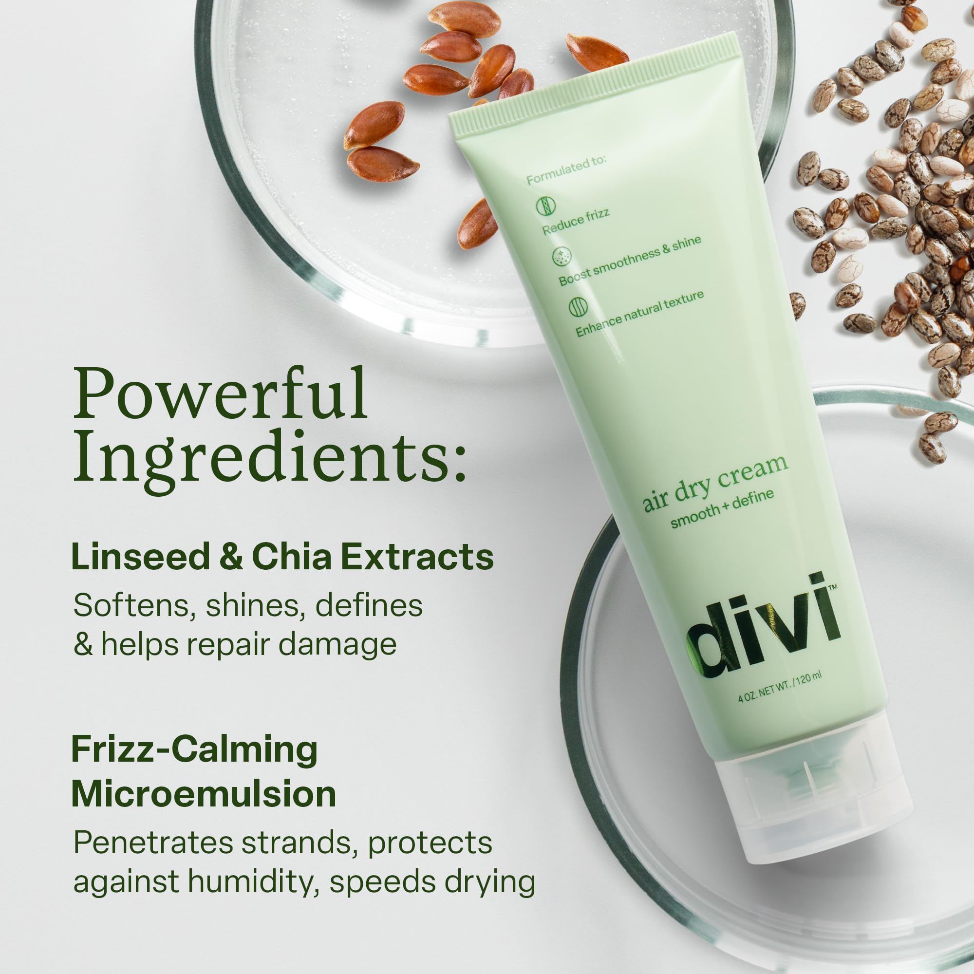 Divi Air Dry Cream on curls for frizz control and shine.