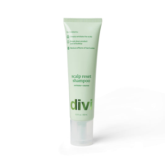 Divi Clarifying Scalp Reset Shampoo bottle highlighting deep cleansing for buildup removal