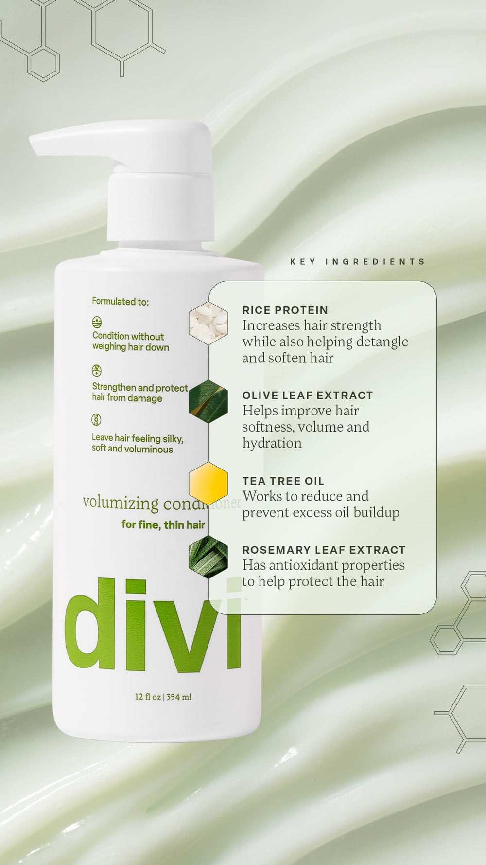 Divi conditioner application on hair demonstrating detangling and softness.