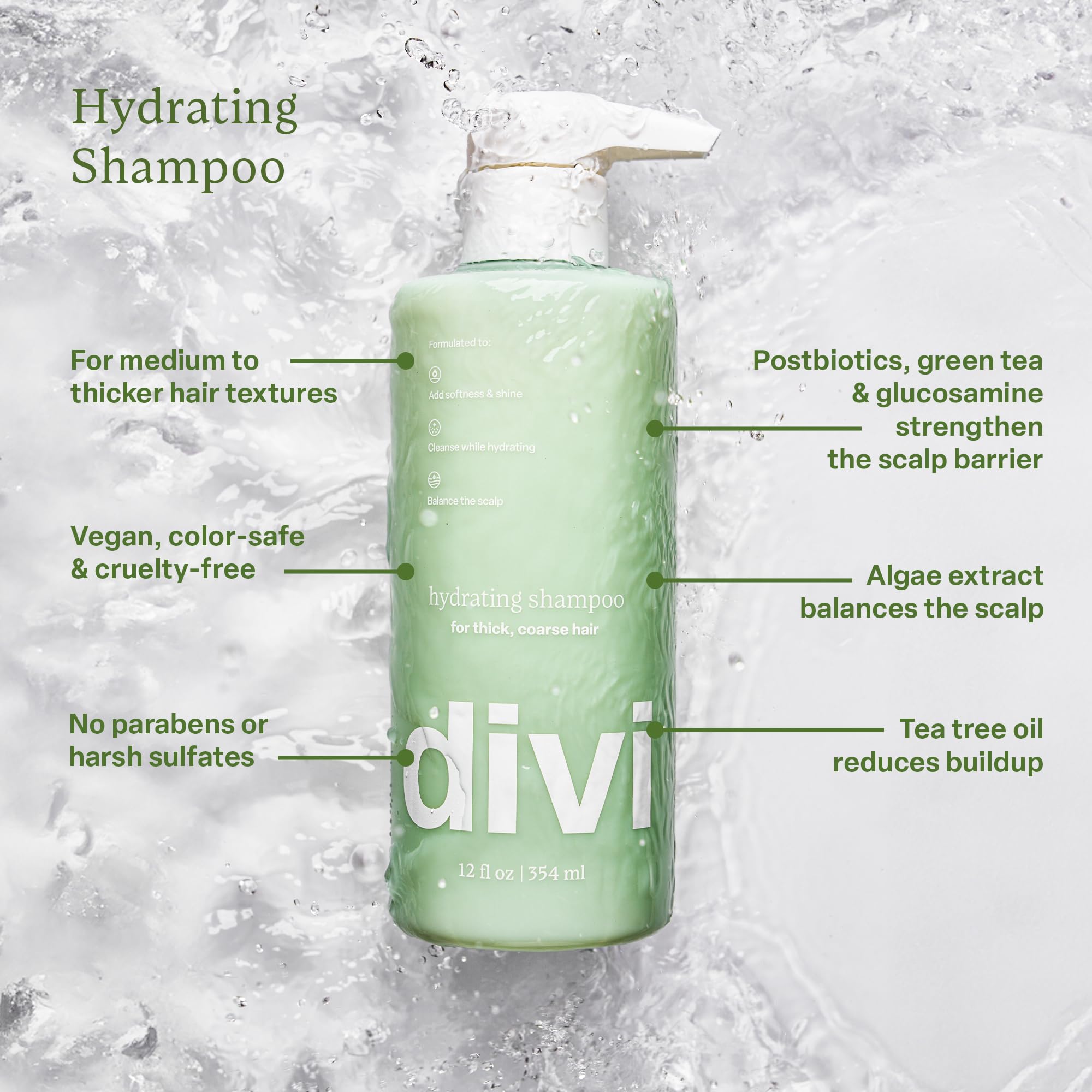 Divi Hydrating Shampoo application on hair, cleansing while adding moisture.