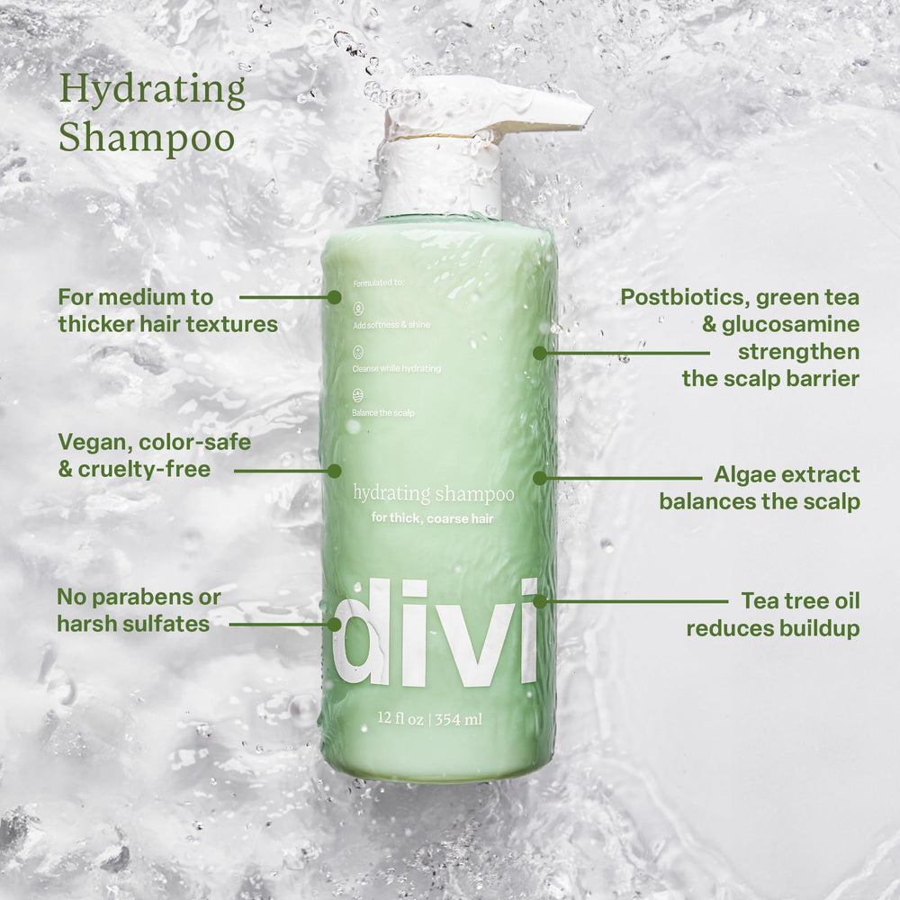Divi Hydrating Shampoo application on hair, cleansing while adding moisture.