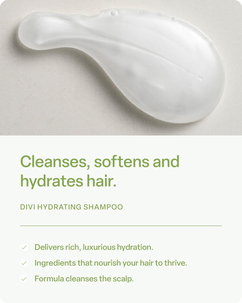 Divi Hydrating Shampoo bottle pouring lather for clean, refreshed hair.