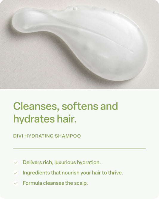 Divi Hydrating Shampoo bottle pouring lather for clean, refreshed hair.