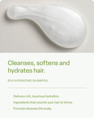 Divi Hydrating Shampoo bottle pouring lather for clean, refreshed hair.