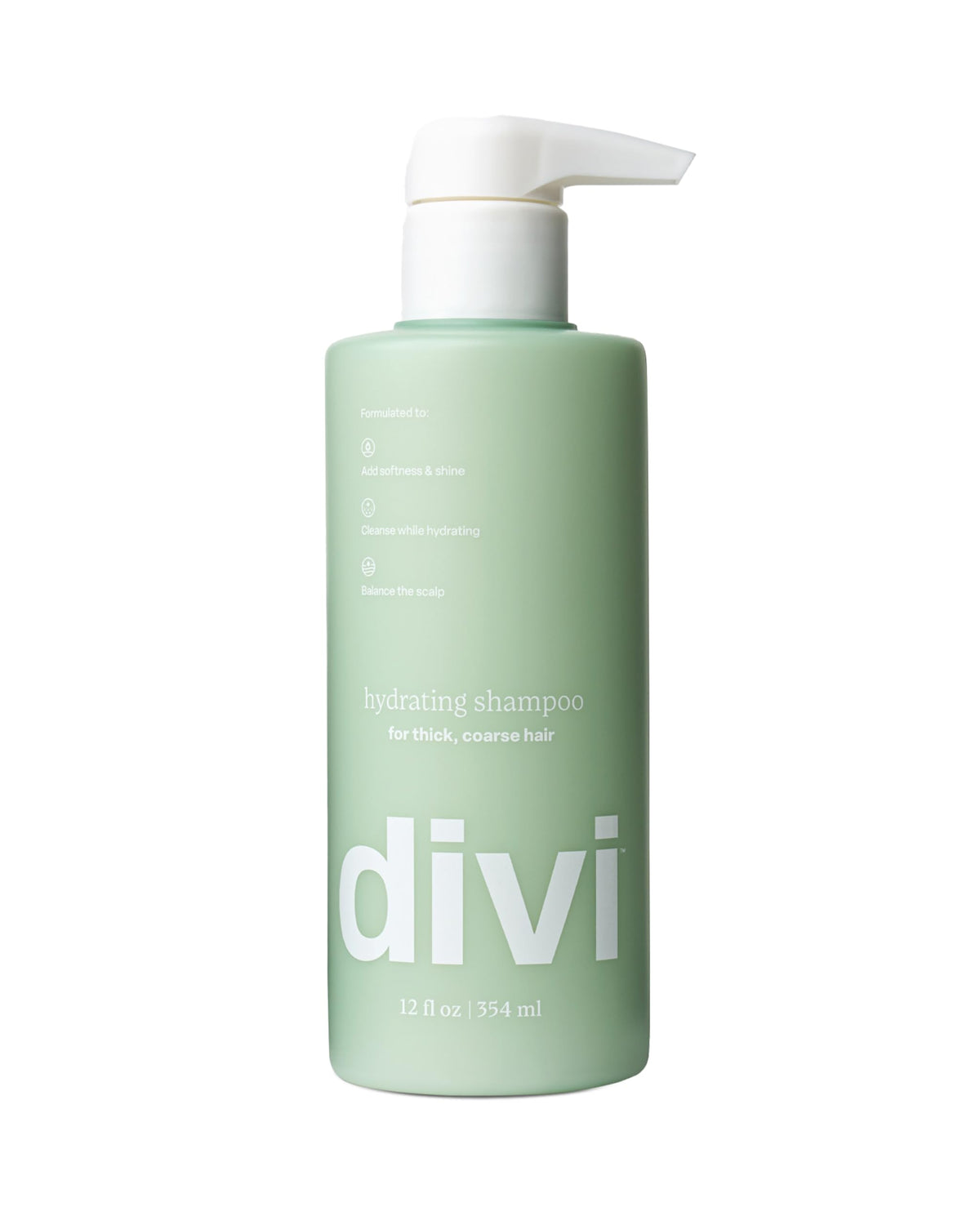 Divi Hydrating Shampoo bottle demonstrates a gentle cleanse for balanced scalp and soft hair.