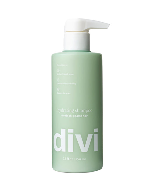 Divi Hydrating Shampoo bottle demonstrates a gentle cleanse for balanced scalp and soft hair.