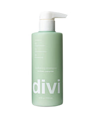 Divi Hydrating Shampoo bottle demonstrates a gentle cleanse for balanced scalp and soft hair.