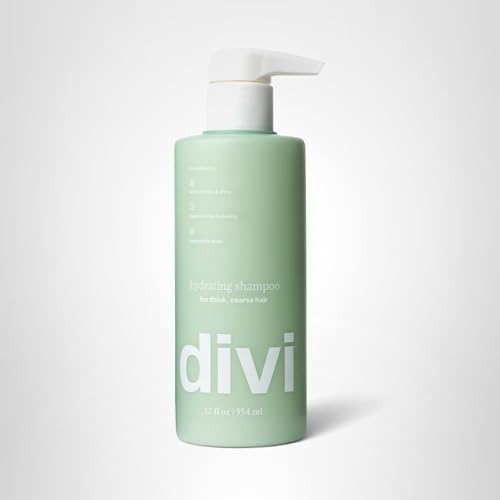 Divi Hydrating Shampoo bottle and content showing voluminous, soft shine.