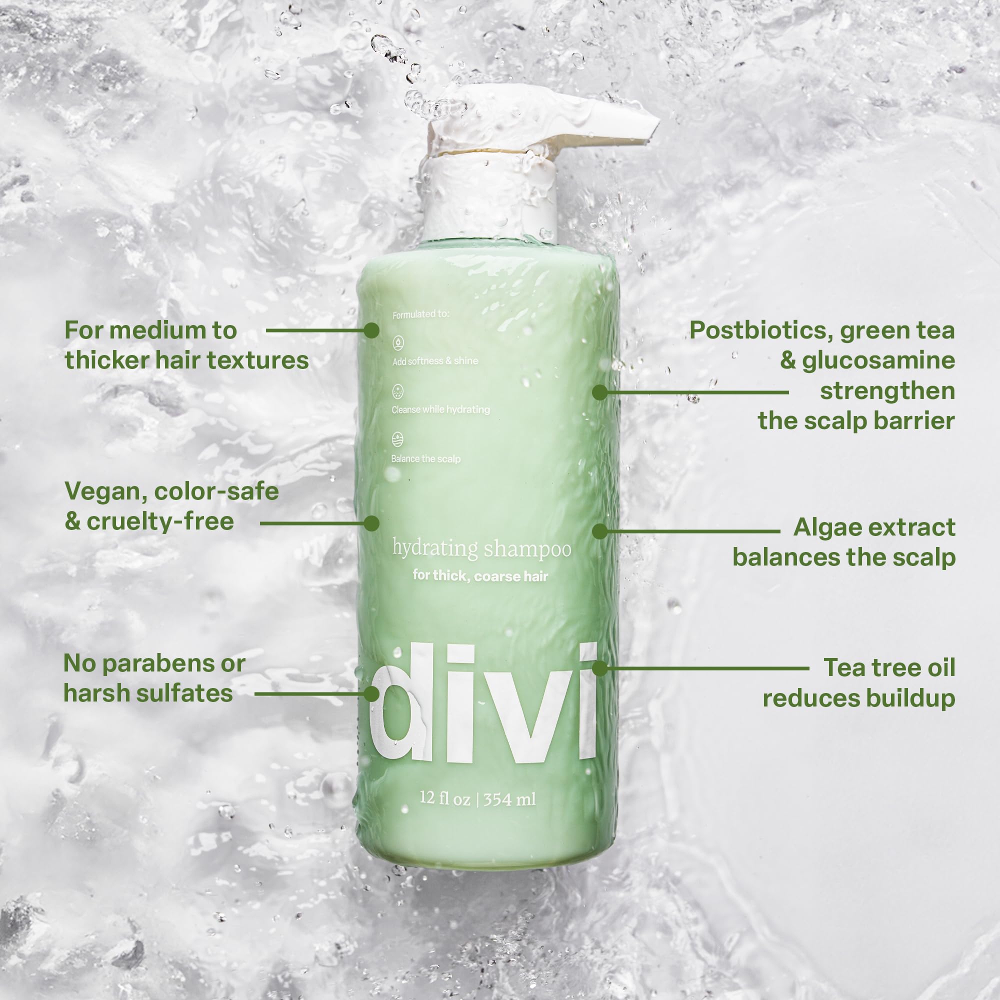 Divi Hydrating Shampoo bottle with menthol cooling sensation visual.