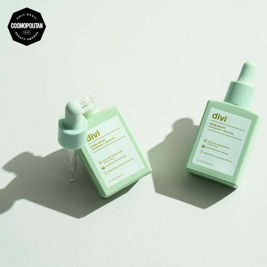 Divi Scalp Serum bottle label close-up highlighting the premium formula for scalp care.
