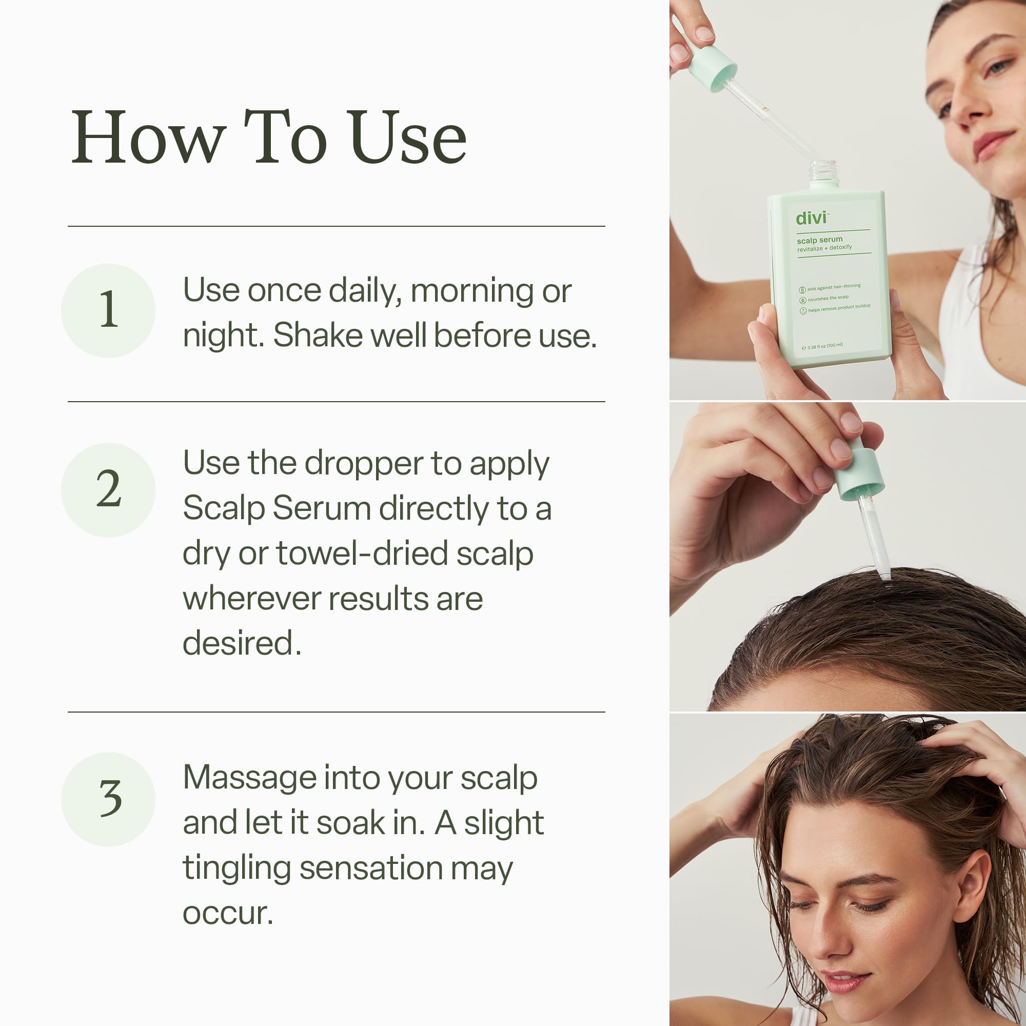 Divi Scalp Serum bottle label detail emphasizes clinically tested nourishment