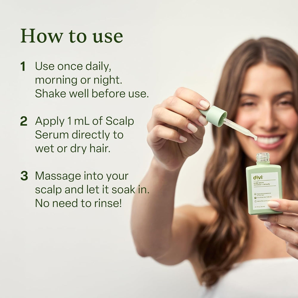 Divi Scalp Serum water-based, no-residue claim visual for cleanliness.