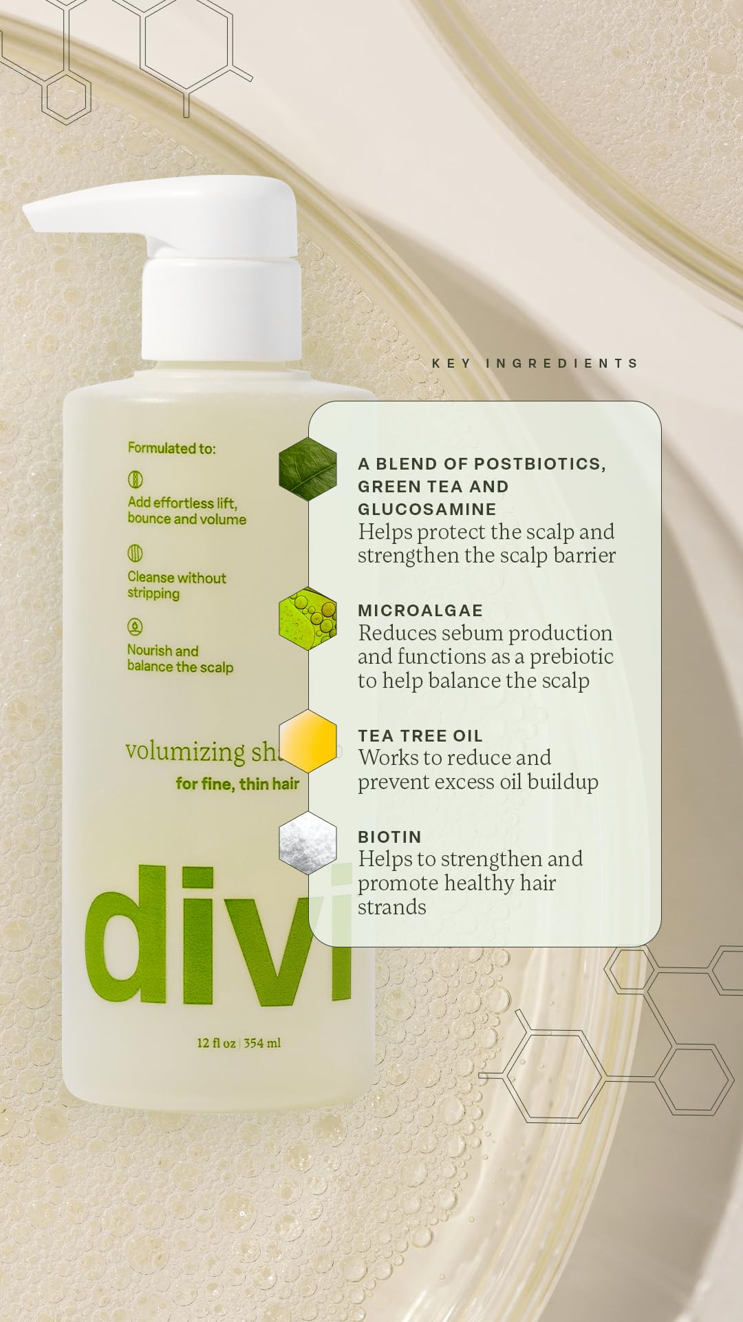 Divi shampoo lather close-up demonstrating rich cleansing action.
