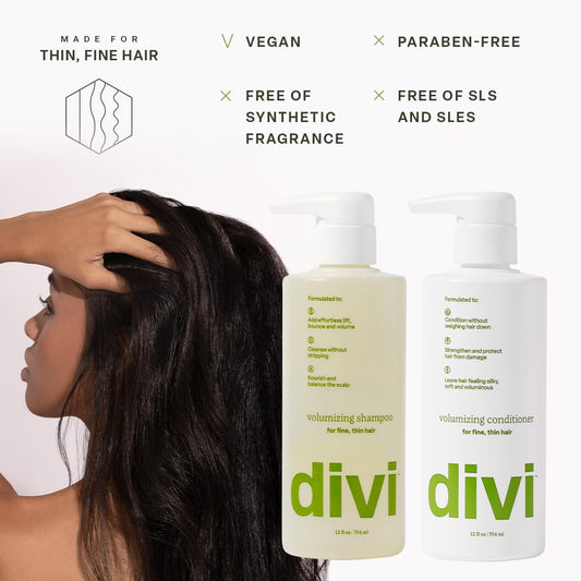 Divi volumizing conditioner bottle showing smoothing and shine potential.