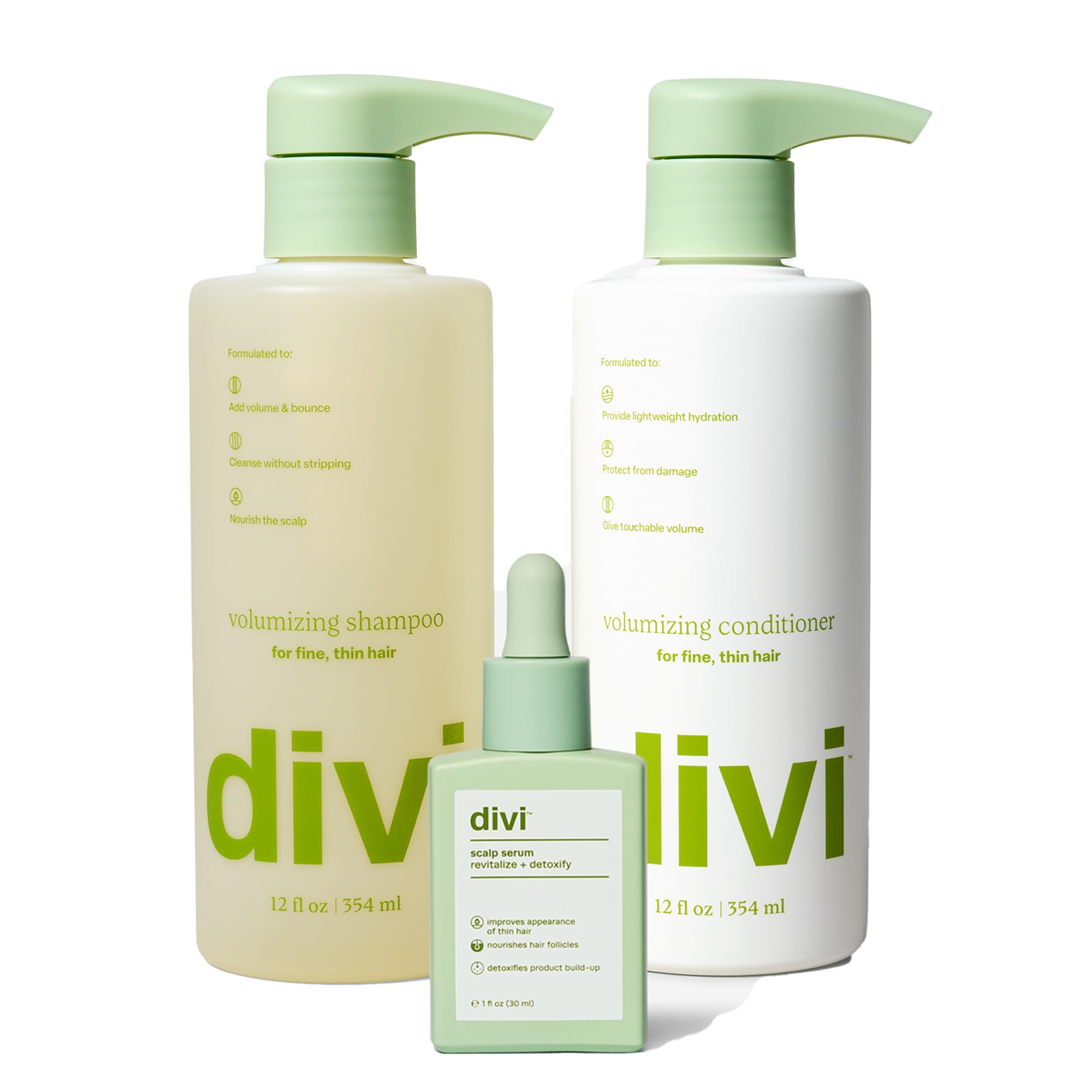 Divi Volumizing Shampoo bottle front showing lightweight cleansing for fine hair