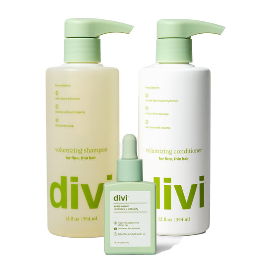 Divi Volumizing Shampoo bottle front showing lightweight cleansing for fine hair