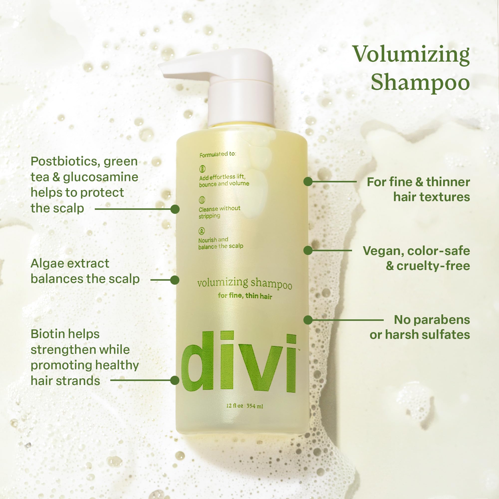Divi Volumizing Shampoo lather closeup demonstrates gentle foaming and thorough cleansing.