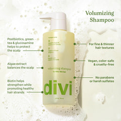 Divi Volumizing Shampoo lather closeup demonstrates gentle foaming and thorough cleansing.