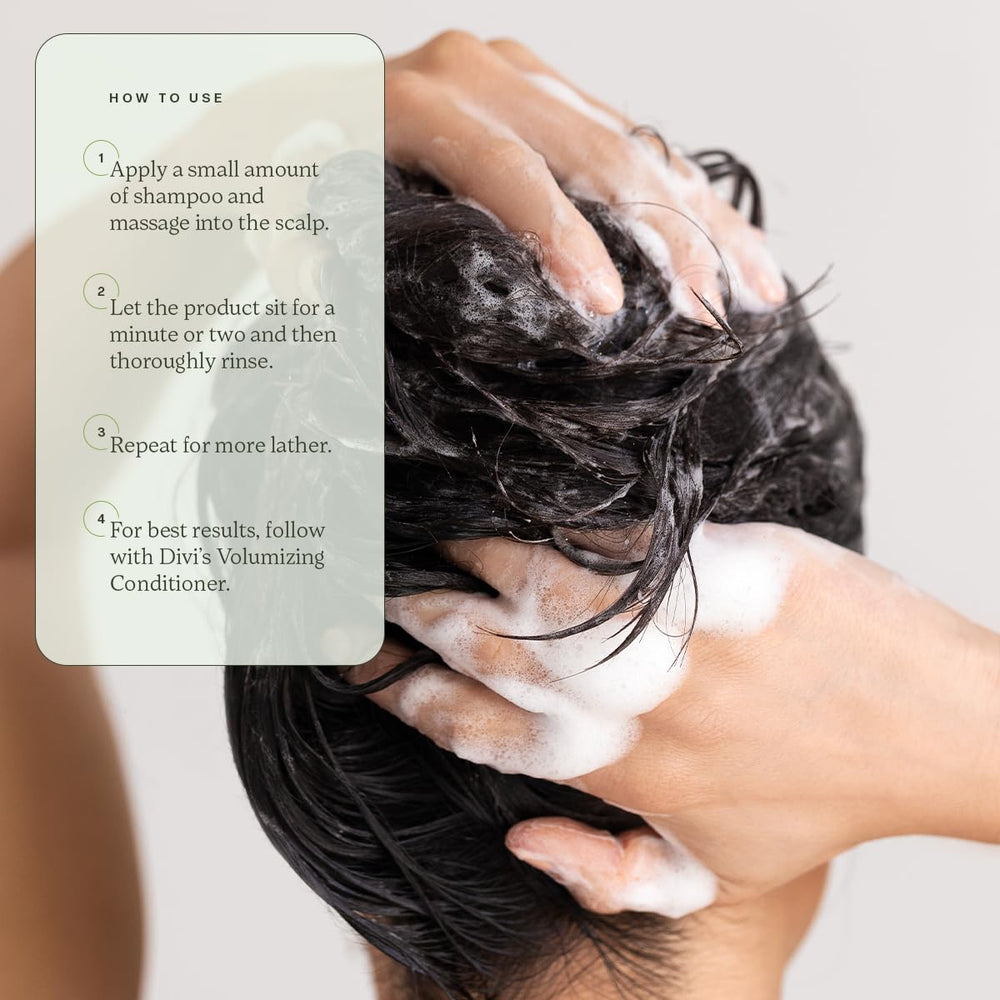 Divi Volumizing Shampoo scalp balance closeup suggests buildup removal benefits.