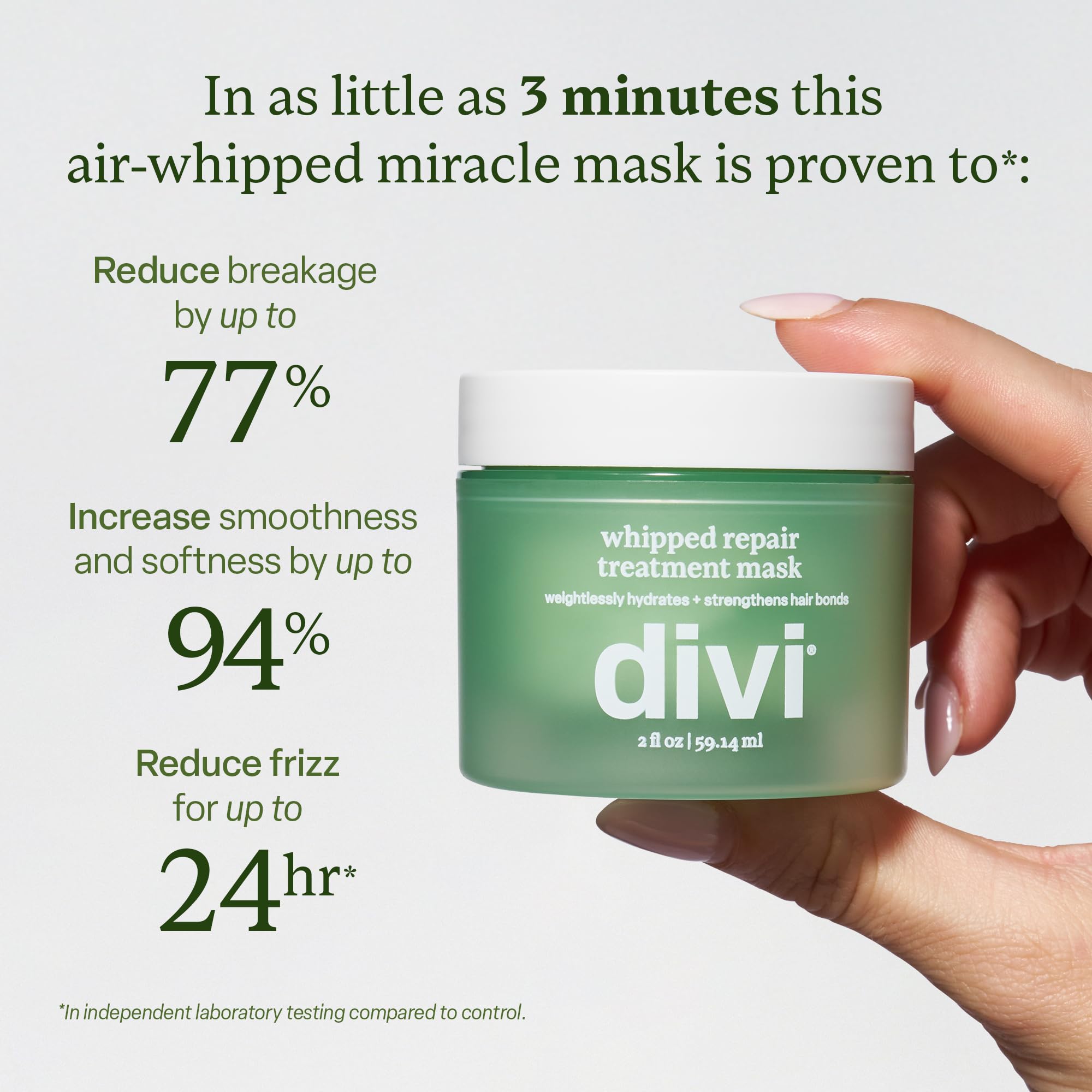 Divi Whipped Repair Mask dispensing close-up ready to coat damp hair for fast conditioning