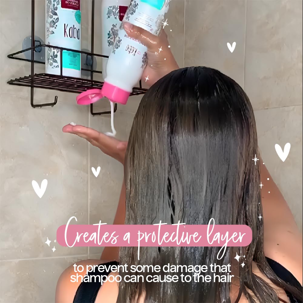 D'Luchi Kaba Ceramide conditioner in a bathroom scene ready to use.