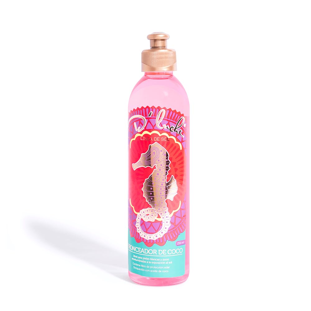 D'Luchi tanning oil bottle with coconut oil for a smooth, natural tan.