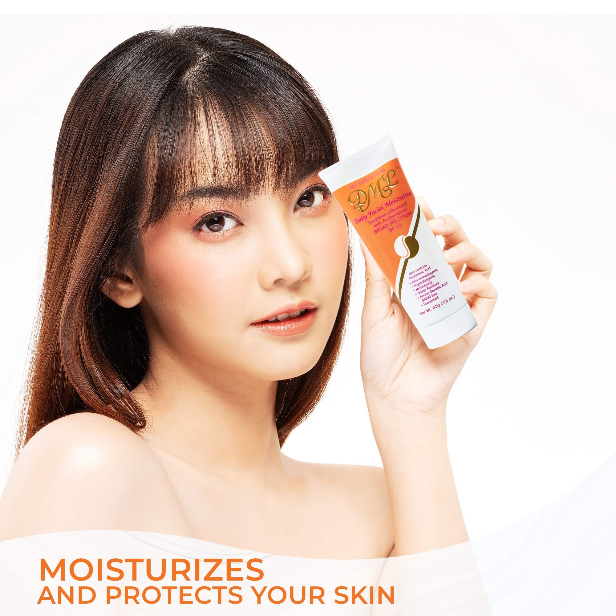 DML Daily Facial Moisturizer applied to the neck for extra protection and hydration