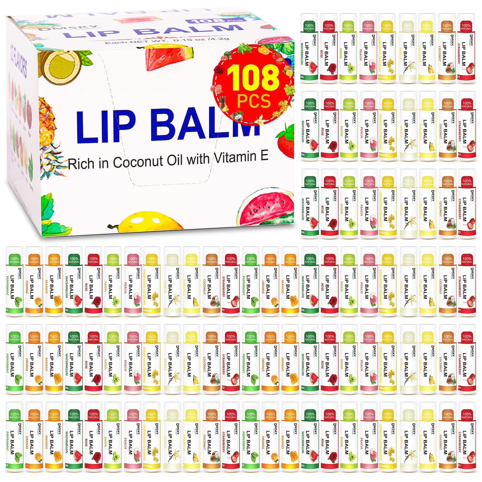 DMSKY 108-pack lip balm flavors variety for daily hydration