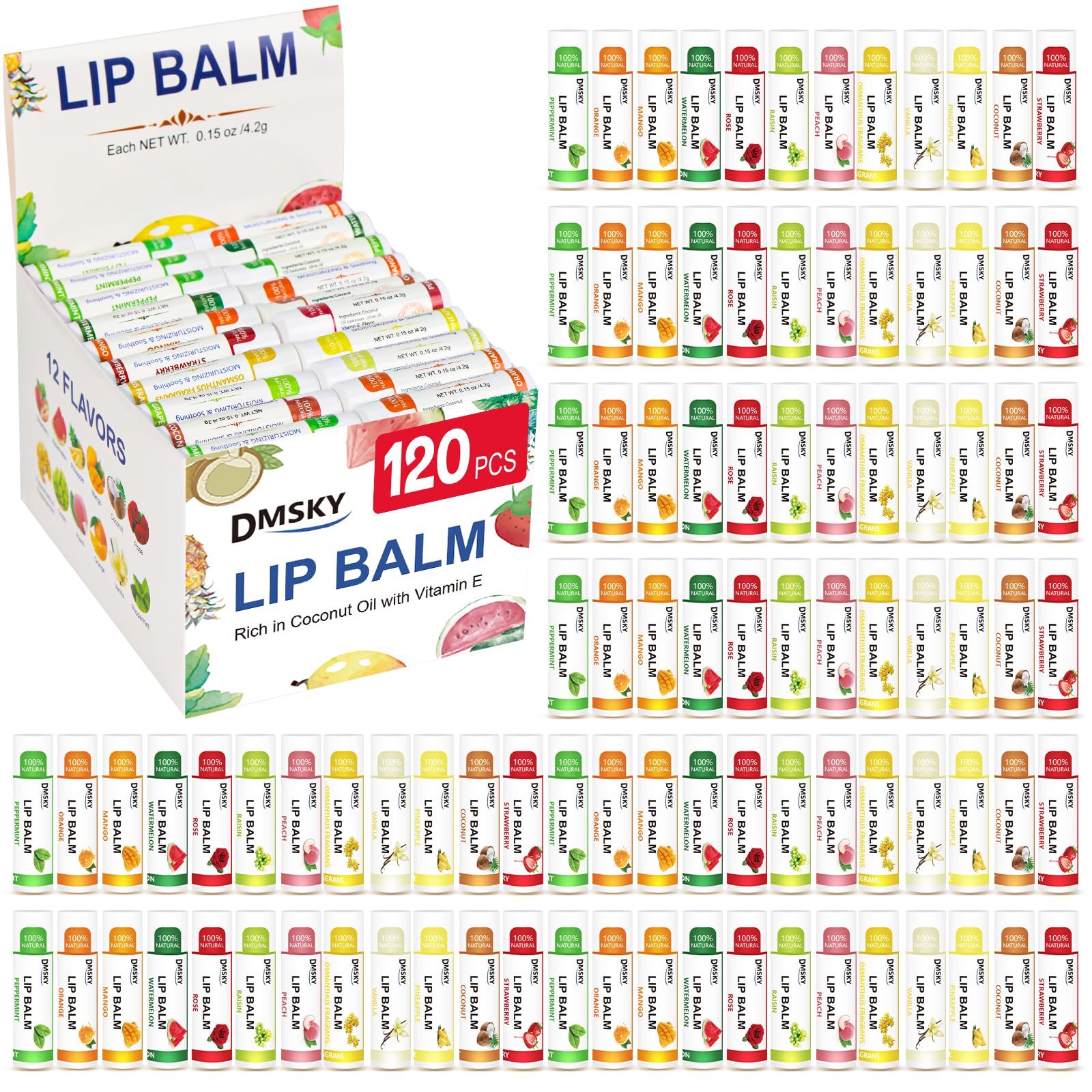 DMSKY lip balm 120-pack bulk display for easy gifting.
