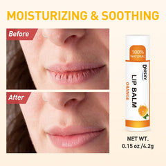 DMSKY lip balm on lips delivering soft moisture.