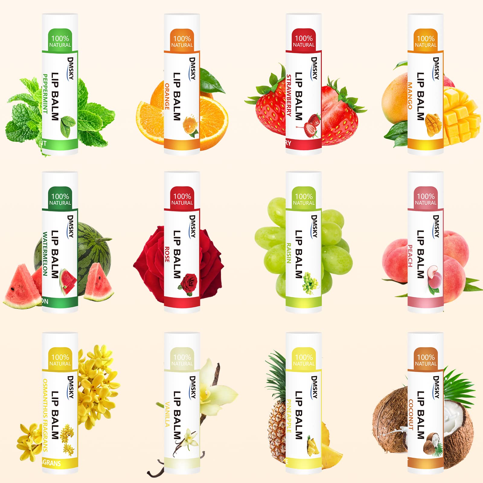 DMSKY lip balm with coconut oil and vitamin E for lasting moisture.