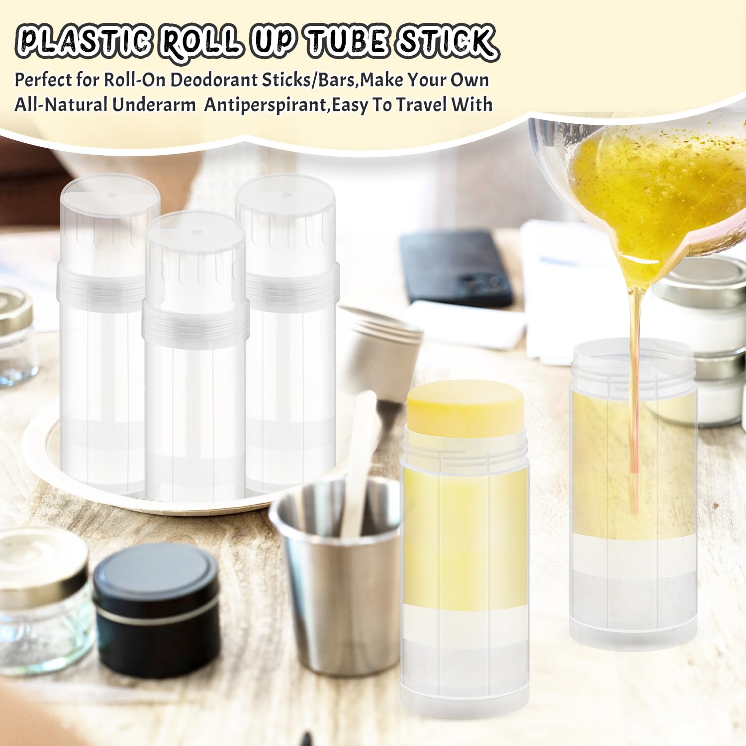 Pour deodorant mix into DMuuuDM tubes and twist up as it solidifies.