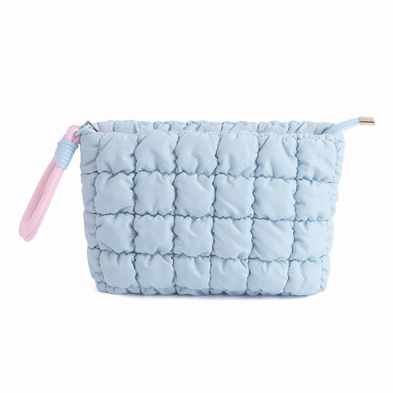 DOB SECHS puffer makeup bag with checkered texture offers cushioned protection.