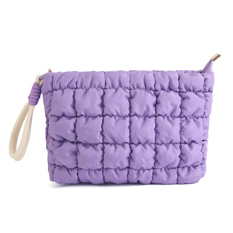 DOB SECHS puffer makeup bag in purple with soft quilted texture cushions cosmetics.