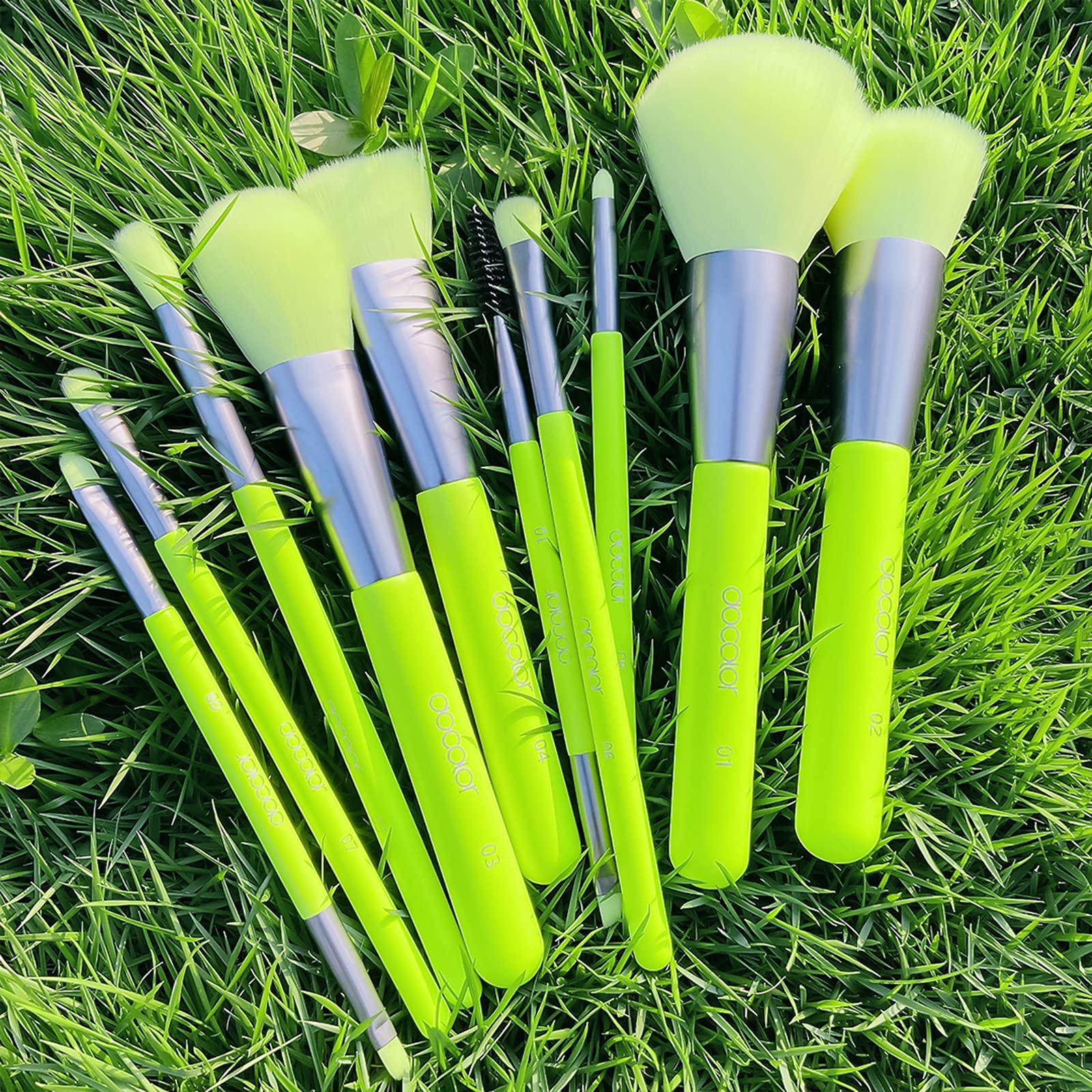 Docolor neon-green brush set flat lay shows versatile tools for eyes and face.