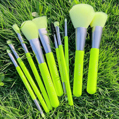Docolor neon-green brush set flat lay shows versatile tools for eyes and face.