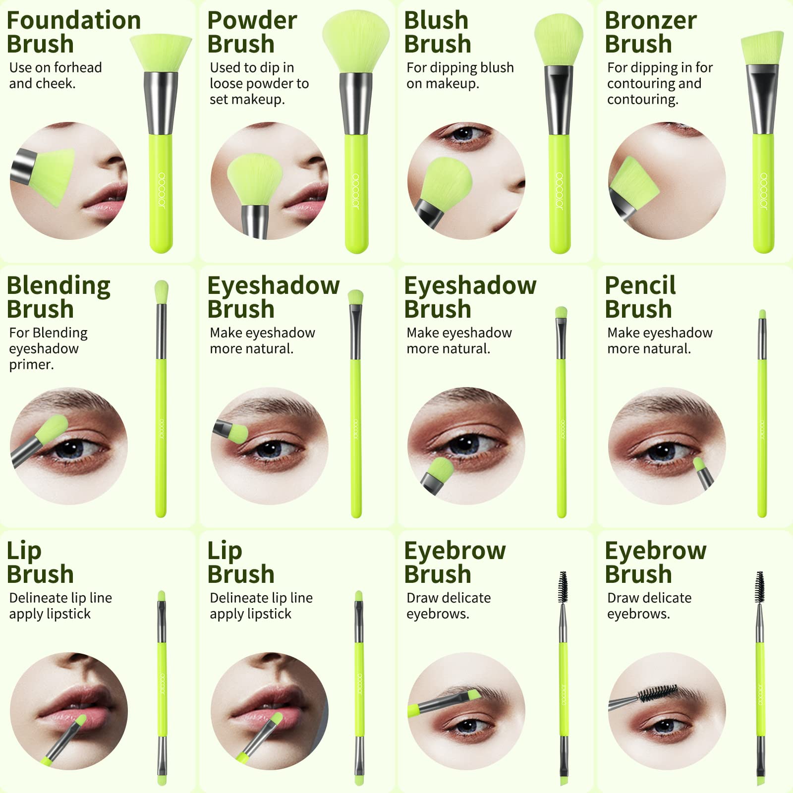 Docolor variety of eye brushes ideal for blending, contouring and highlighting.