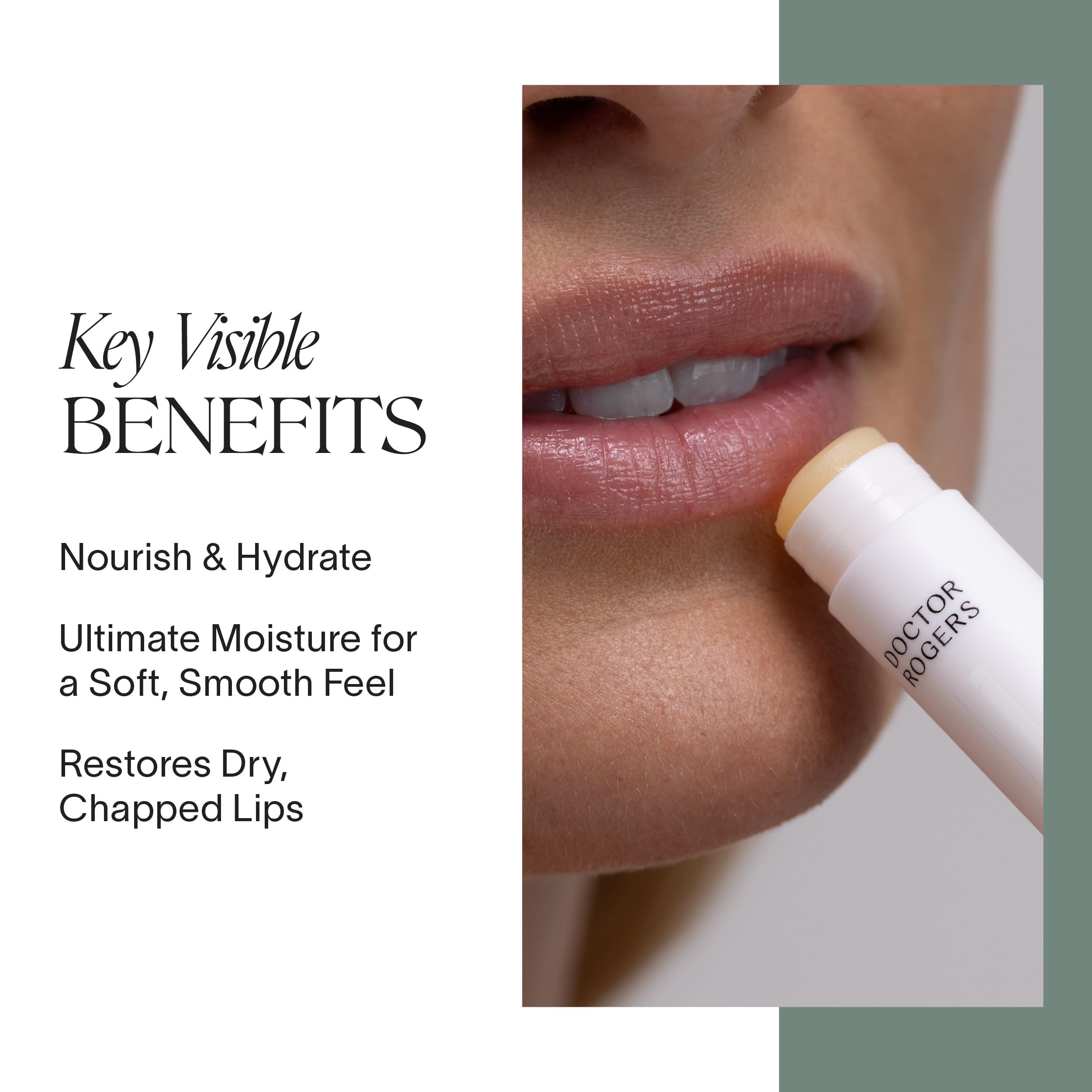 Doctor Rogers Lip Balm applied to lips delivering immediate moisture