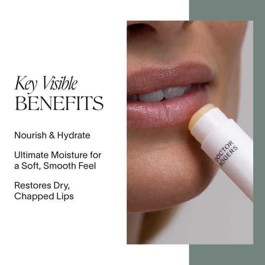 Doctor Rogers Lip Balm on fingertip shows silky, smooth texture.