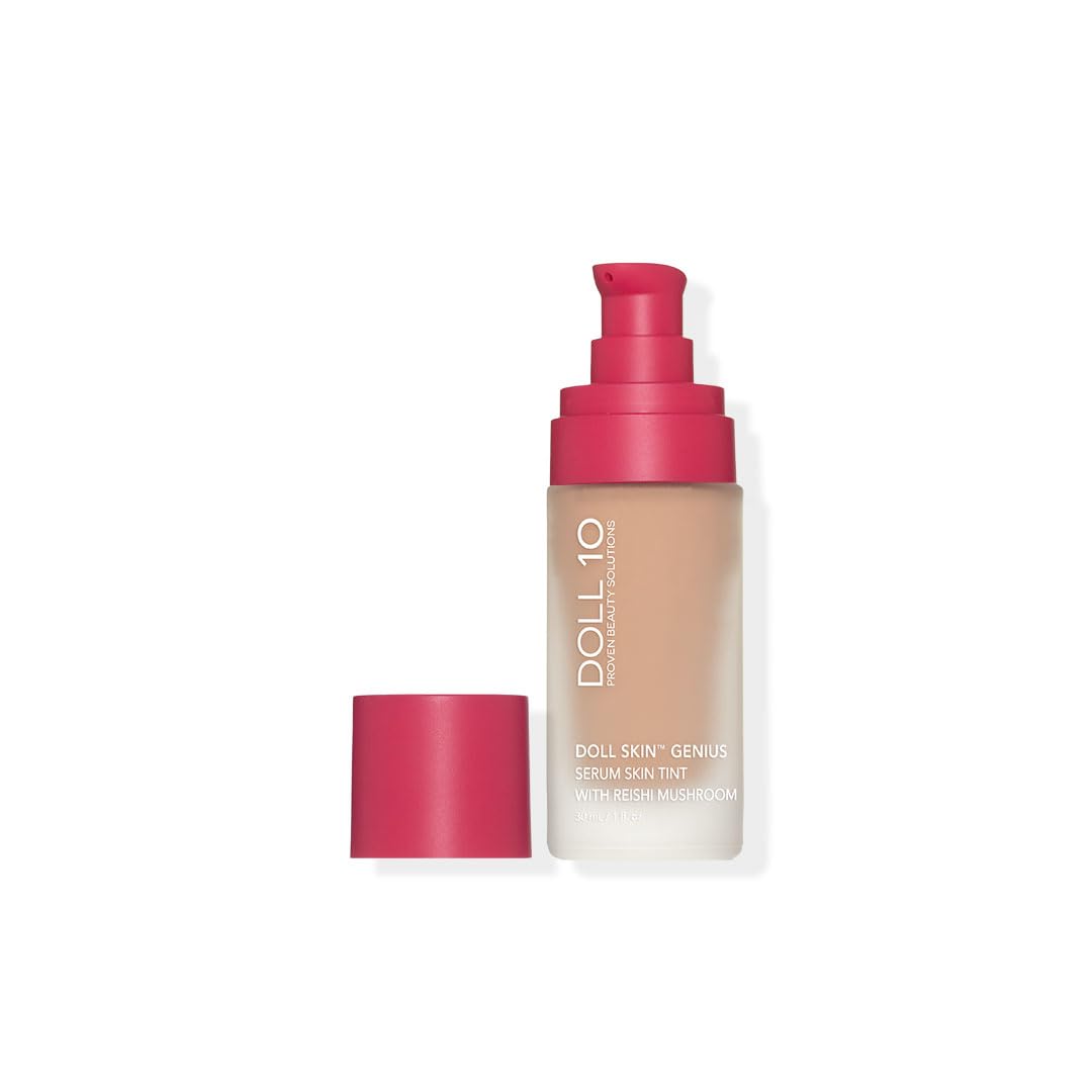 DOLL 10 NO Doll Skin Genius Serum Skin Tint bottle closeup, hydrating coverage