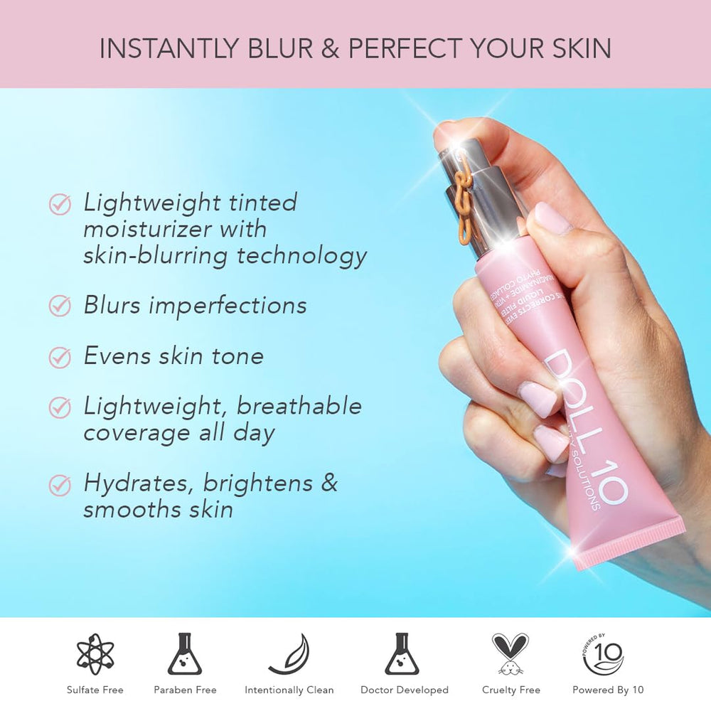 DOLL 10 NO TCE Liquid Filter ingredient icons highlight Hyaluronic Acid, Vitamin C, Niacinamide.