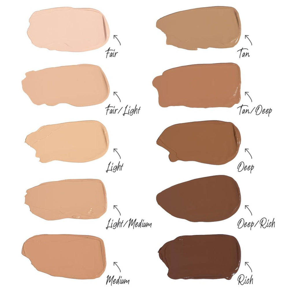 Doll 10 T.C.E concealer swatches on tan/deep skin showing color correction