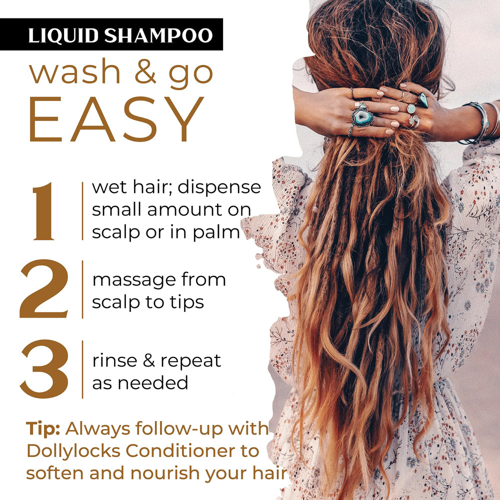 Dollylocks Clarifying Liquid Shampoo hands applying on locs for gentle cleansing.