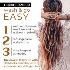 Dollylocks Clarifying Liquid Shampoo hands applying on locs for gentle cleansing.