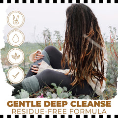 Dollylocks Clarifying Liquid Shampoo label closeup highlights vegan, cruelty-free formula.