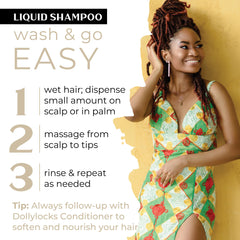 Dollylocks liquid shampoo ingredients including aloe and coconut for hydration