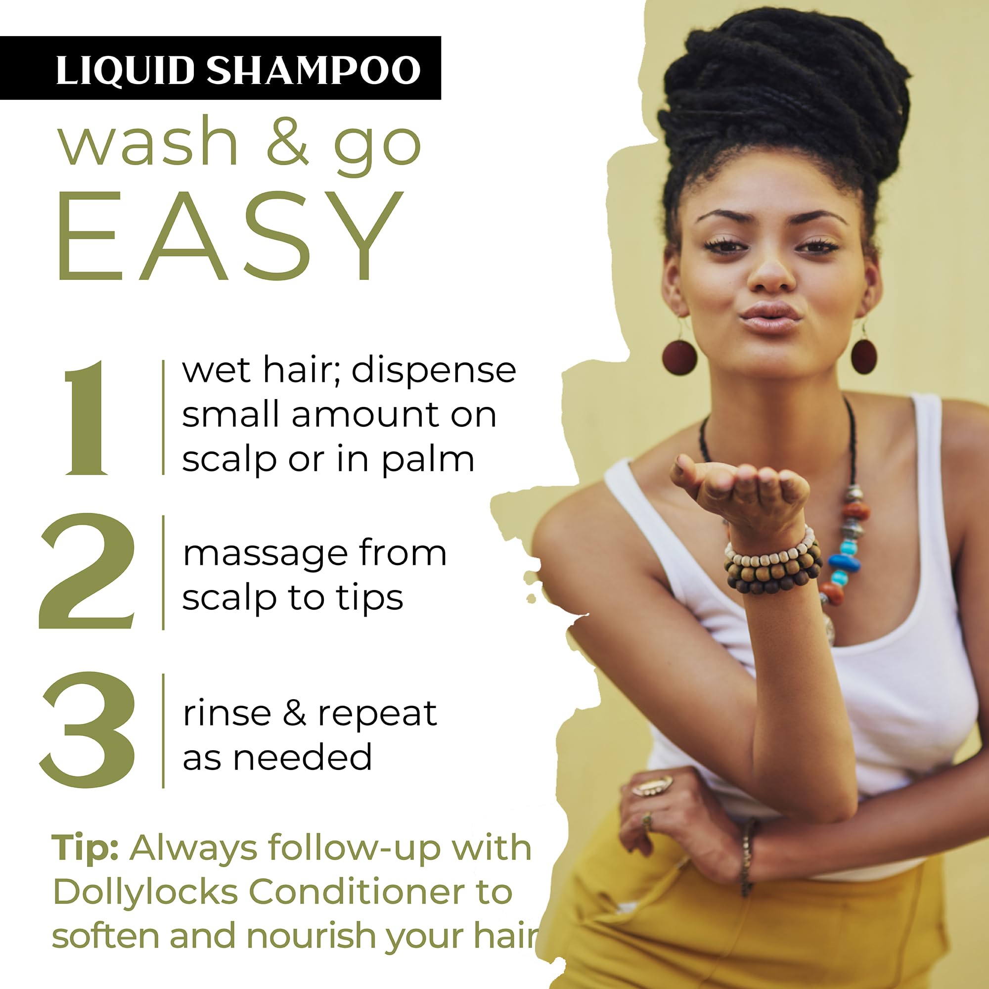 Dollylocks liquid shampoo bottle highlights jojoba and coconut oils for hydration and shine