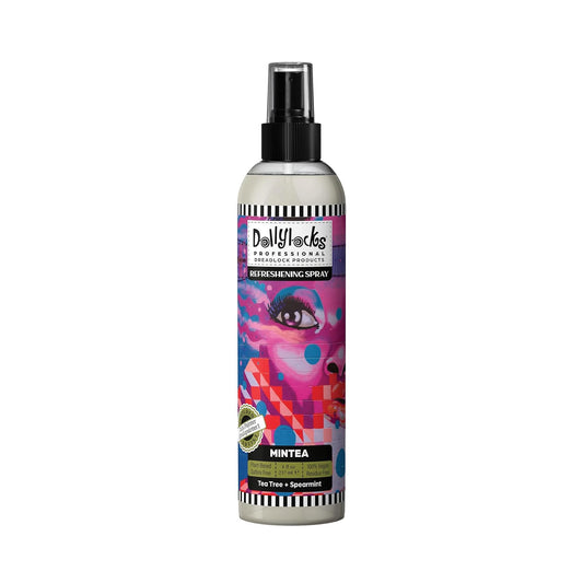 Dollylocks Refreshening Spray bottle close-up showing tea tree spearmint aroma