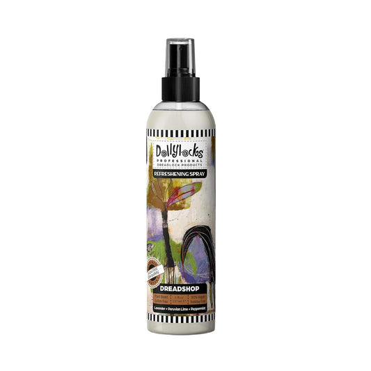 Dollylocks Refreshening Spray bottle—lightweight hydration for locs and a fresh scent.